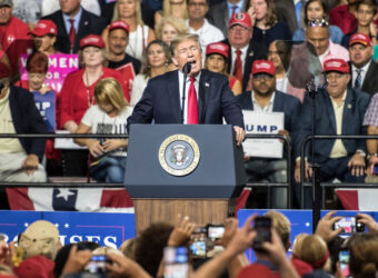Tampa, Florida – July 31, 2018:  President Donald Trump addresses his supporters at a rally in Tampa, Florida, on July 31, 2018.